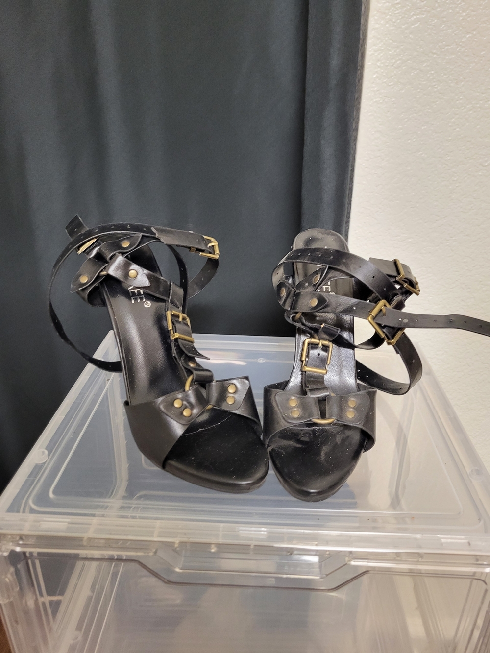 Dark Gray Strappy Ankle Buckle Heels